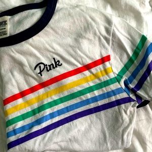 Victoria’s Secret Pink T Shirt Size S White w/ Rainbow Stripes and Blue Collar